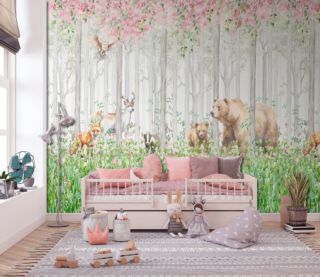 Decoprint Cute Walls CW6045-1 forest-animal mural installed behind a pink daybed in a children's room.