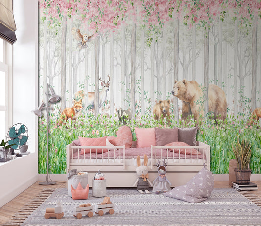 Decoprint Cute Walls CW6045-1 forest-animal mural installed behind a pink daybed in a children's room.